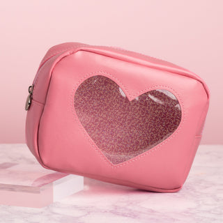 Pink Glitter Heart Cosmetic Bag